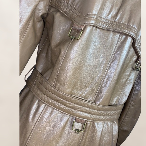 Vintage 70s Etienne Aigner Tan Belted Double Breasted Leather Trench Coat - Picture 9 of 16
